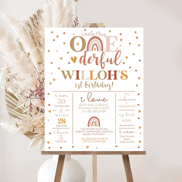 BOHO REGENBOGEN Geburtstagsdekoration bearbeitbar Little Miss Onederful Meilenstein Geburtstag Poster Printable Boho Regenbogen Chalkboard Meilensteindruck