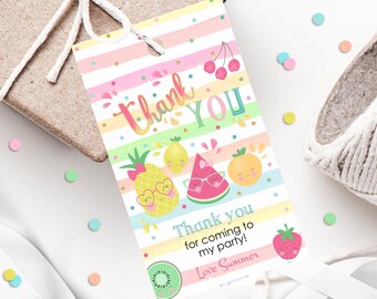 May include: A colorful thank you tag with a rainbow striped background and fruit illustrations. The text reads "Thank You" in a colorful font and "Thank you for coming to my party! Love Summer".