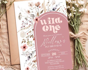 May include: A pink and white floral birthday invitation with the text "Wild One" and "Willow's 1st Birthday". The invitation includes the date, time, and location of the party.