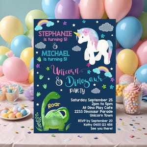 BOY GIRL INVITATION Unicorn Dinosaur Joint Birthday Unicorn Dinosaur Invitation Instant Download Sibling Birthday Invitation Girl Boy Twins