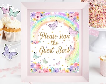 Rainbow Butterfly Guest Book Sign - Baby Shower Decor (Printable PDF)