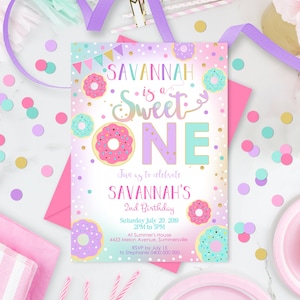 SWEET ONE Donut Birthday Invitation Editable First Birthday Invitation Girl Pink Doughnut Party 1st Birthday Invitation Printable Download