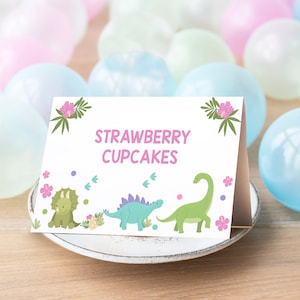 Girl Dinosaur Food labels Instant download Pink Dinosaur Buffet Food labels Editable Girl Dinosaur Name tent cards Editable Dinosaur Food