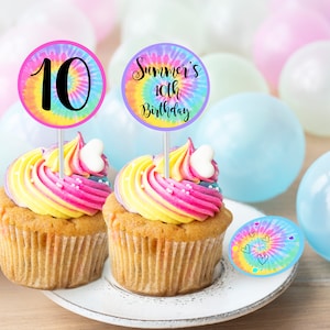 TIE DYE Cupcake Toppers Instant download Tie Dye Cupcake Toppers Editable Tie Dye Cupcake Toppers Printable Rainbow Tie Dye Cupcake Corjl