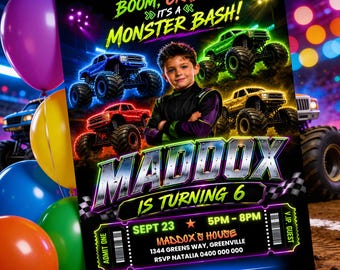 May include: A vibrant birthday party invitation with a monster truck theme. The design features a young boy, colorful monster trucks, and the text "BOOM, CRASH, IT'S A MONSTER BASH!" and "MADDOX IS TURNING 6". Includes event details.