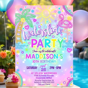 Editable WATERSLIDE PARTY Invitation Girl Neon Water slide Party Invitation Summer Waterslide Party Invitation Instant Download Neon Rainbow