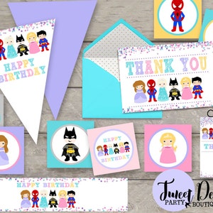 Superhero Princess Party Printables Superhero Party Decor Girl Boy Superhero Princess Party Princess Superhero Decorations Instant download