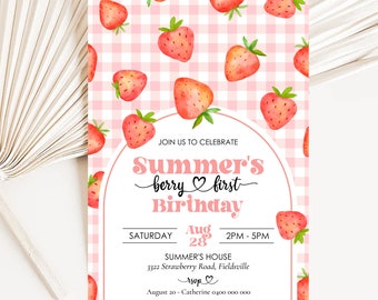 BERRY FIRST Birthday Invitation Editable Strawberry Tea Party Invitation Digital Berry First Birthday Invite Berry Sweet Birthday Gingham