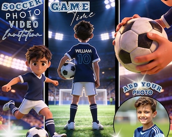 May include: A digital soccer invitation design featuring cartoon illustrations of soccer players and soccer balls. The text includes "Soccer Photo Video Invitation", "Game Time", and "Add Your Photo". The design is set against a stadium background.