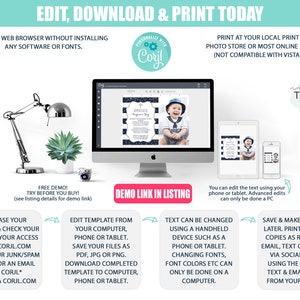 May include: A blue and white printable invitation template with a navy blue background and white stars. The template features a photo of a baby boy in a white sailor shirt and a blue bow tie. The text on the template reads "Baptism Day".