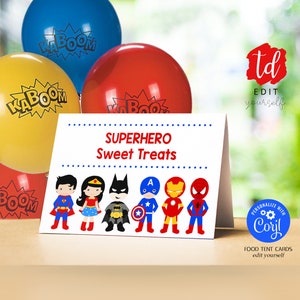 SUPERHERO FOOD TENT Cards Instant download Superhero Food Labels Editable Superhero Food Tent Cards Corjl Instant Download Superhero Buffet