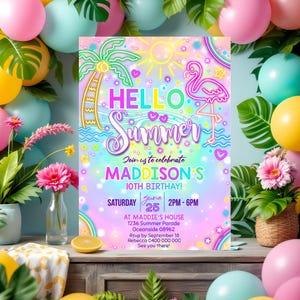May include: A colorful invitation for a 10th birthday party with a neon Hello Summer theme. The invitation features a pink flamingo, palm trees, a sun, and stars. The text on the invitation reads "Join us to celebrate Maddison's 10th Birthday! Saturday June 25 2PM-6PM at Maddie's House 1236 Summer Parade Oceanside 08962 Rsvp by September 18 Rebecca 0400 000 000 See you there!"