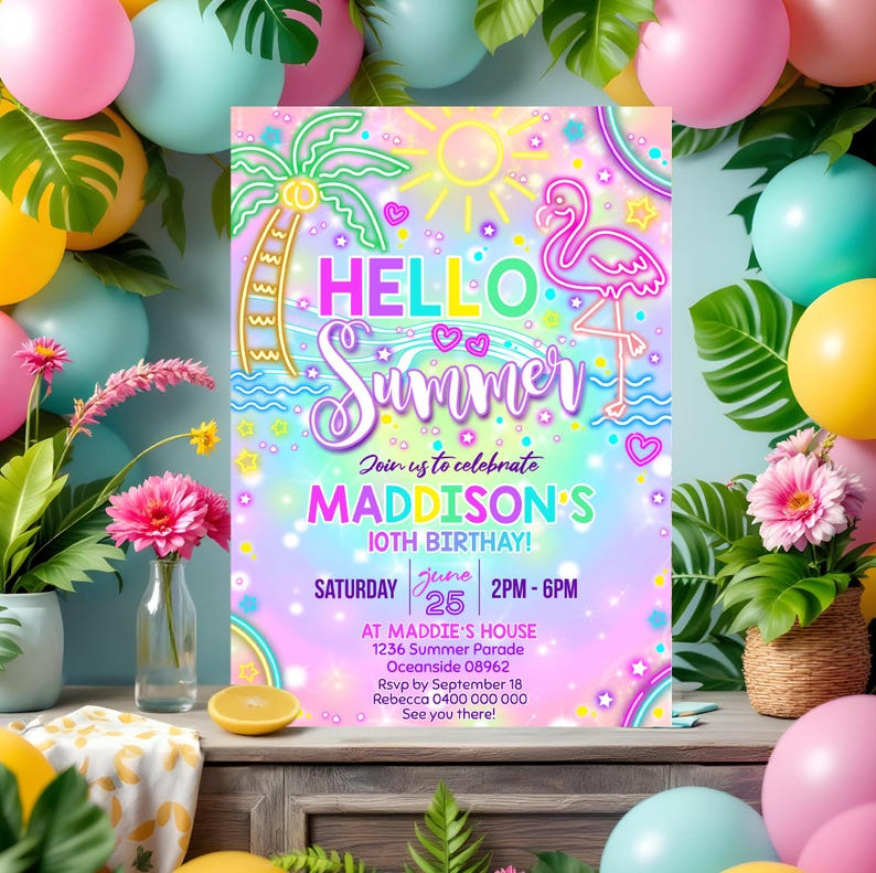May include: A colorful invitation for a 10th birthday party with a neon Hello Summer theme. The invitation features a pink flamingo, palm trees, a sun, and stars. The text on the invitation reads "Join us to celebrate Maddison's 10th Birthday! Saturday June 25 2PM-6PM at Maddie's House 1236 Summer Parade Oceanside 08962 Rsvp by September 18 Rebecca 0400 000 000 See you there!"