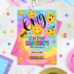 Emoji Birthday Invitation: Tie Dye Party, Editable Template (Digital Download) image 6