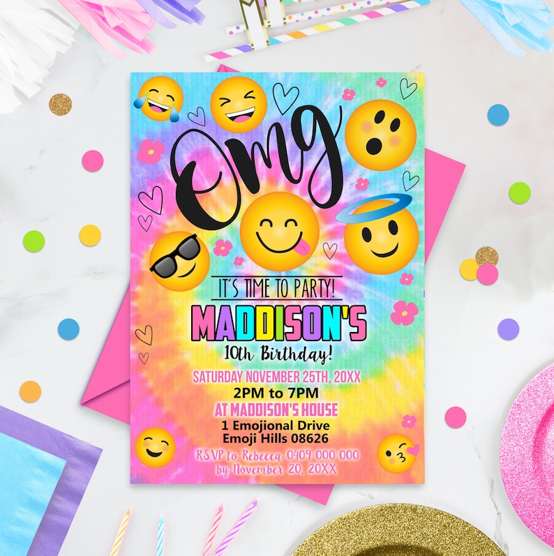 Emoji Birthday Invitation: Tie Dye Party, Editable Template (Digital Download) image 6