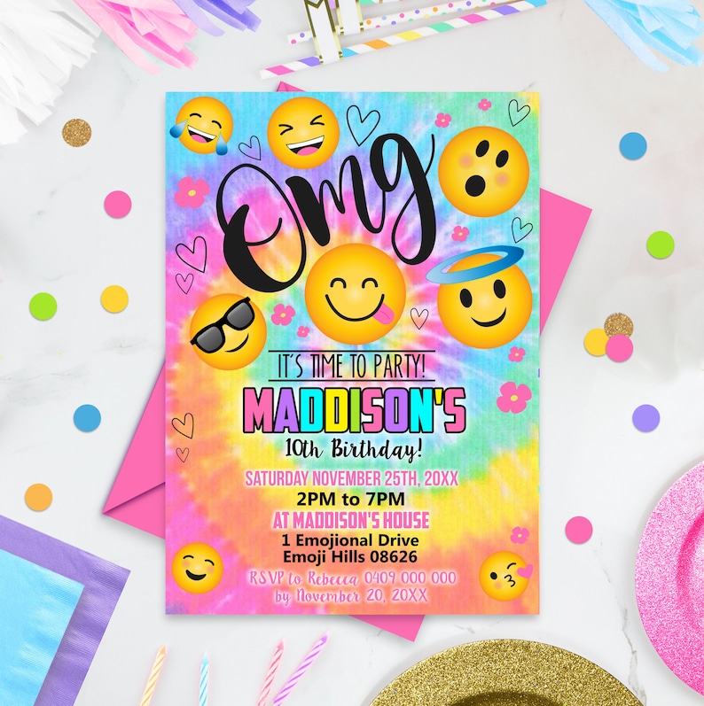 EMOJI Invitation, INSTANT DOWNLOAD Emoji Invitation, Emoji Party, Emoji Party Invitation, Emoji Printable, Corjl Tie Dye Invitation Emoji image 1