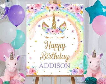 Rainbow UNICORN Happy Birthday Sign Editable Unicorn Birthday Poster Rainbow Unicorn Party Sign Rainbow Unicorn Decorations 16x20 Sign 0210