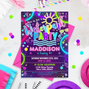 WATERPARK PARTY Einladung Mädchen Neon Water Park Party Einladung Editierbare Glow Waterpark Party Einladung Sofortiger Download Einladung Corjl