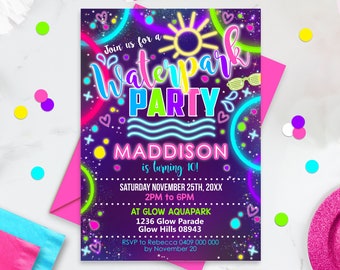 WATERPARK PARTY Invitation Girl Neon Water Park Party Invitation Editable Glow Waterpark Party Invitation Instant Download Invitation Corjl