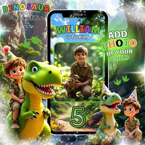 Può includere: Un invito di compleanno digitale a tema dinosauri. L'invito presenta un'illustrazione di un ragazzo con un dinosauro e il testo "WILLIAM is turning 5". L'invito include anche il testo "ADD PHOTO OF YOUR CHILD".
