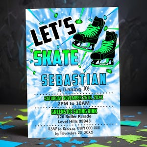 ICE SKATING INVITATION Boy Ice Skating Party Invitation Ice Skate invitation Blue Green Ice Skating Party Ice skating Birthday Corjl Invite