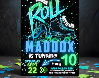 Neon Rollschuh-Einladung | Skating-Geburtstags-Party einladen | Digitaler Download