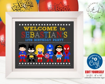 SUPERHERO WELCOME SIGN Instant Download Superhero Sign Superhero Birthday Welcome Sign Superhero Party Superhero Party Printables Corjl