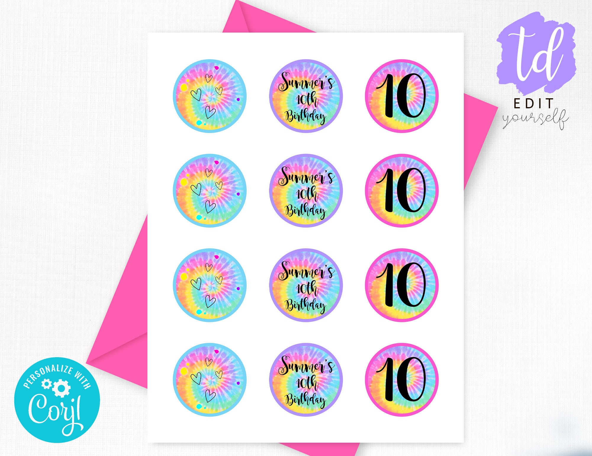 TIE DYE Cupcake Toppers Instant Download Tie Dye Cupcake Etsy