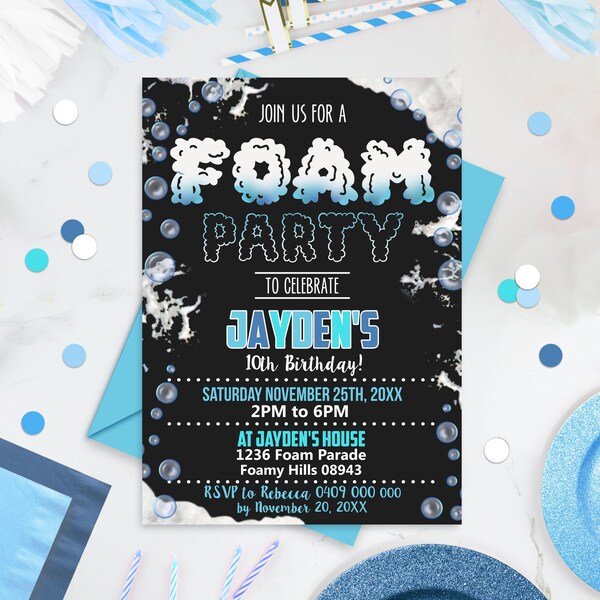 FOAM Party Birthday Invitation Foam Birthday Party Editable Foam Party Boy Bubble Foam Party Invitation Instant Download Corjl Foam Party