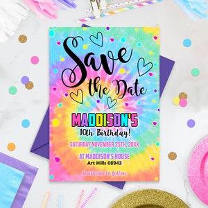 SAVE THE DATE Invitation Tie Dye Save Date Birthday Editable Rainbow Birthday Save the Date Digital Tie Dye Invite Download Tie Dye Corjl