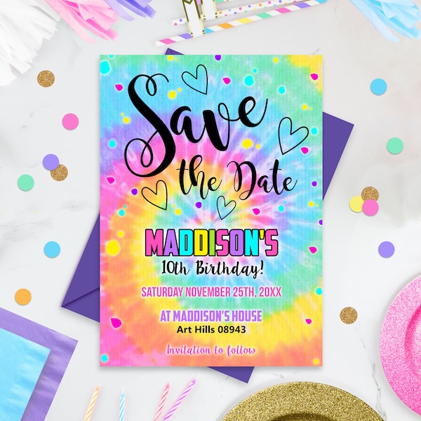 SAVE THE DATE Invitation Tie Dye Save Date Birthday Editable Rainbow Birthday Save the Date Digital Tie Dye Invite Download Tie Dye Corjl