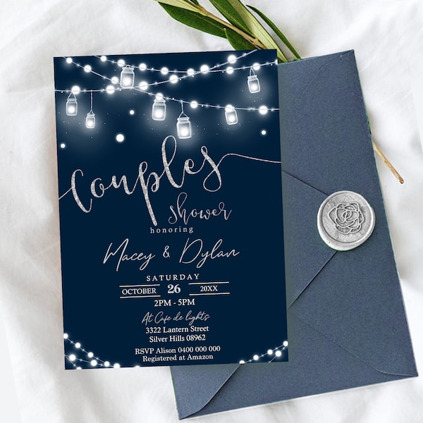LIGHTS AND LANTERNS Couples Shower Invitation String Lights Couples Shower Invitation Instant Download Navy Silver Couples Shower Invite