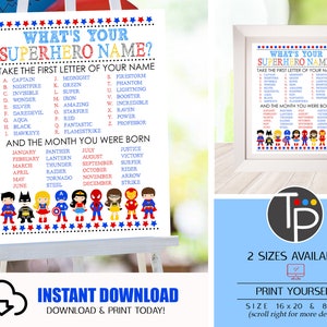 SUPERHERO NAME GAME Instant Download Superhero Game Whats your Superhero Name Game Superhero Party Game Superhero Party Superhero decor