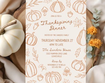 Puede incluir: Invitación a una cena de Acción de Gracias con fondo crema e ilustraciones de calabazas. El texto dice "Thanksgiving Dinner" e incluye la fecha, hora y lugar. Una calabaza blanca y flores naranjas están en el fondo.