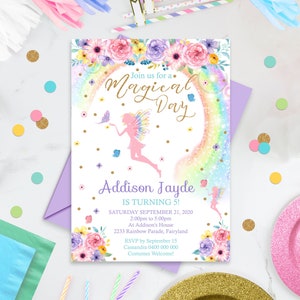 RAINBOW FAIRY BIRTHDAY Invitation Instant Download Fairy Invitation Fairy Invitations Fairy and Rainbow Invitation Fairy Party Corjl 0211