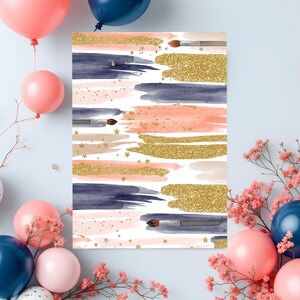 Puede incluir: Un dise&ntilde;o digital imprimible con pinceladas abstractas de acuarela en tonos rosa, azul y dorado con detalles de purpurina dorada y pinceles.