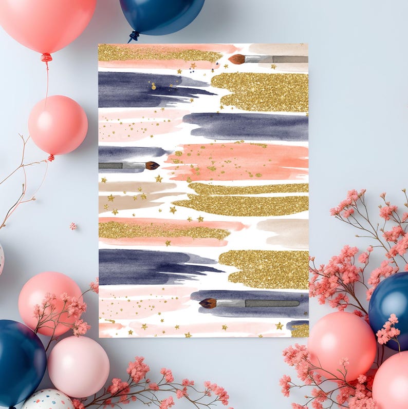 Puede incluir: Un dise&ntilde;o digital imprimible con pinceladas abstractas de acuarela en tonos rosa, azul y dorado con detalles de purpurina dorada y pinceles.