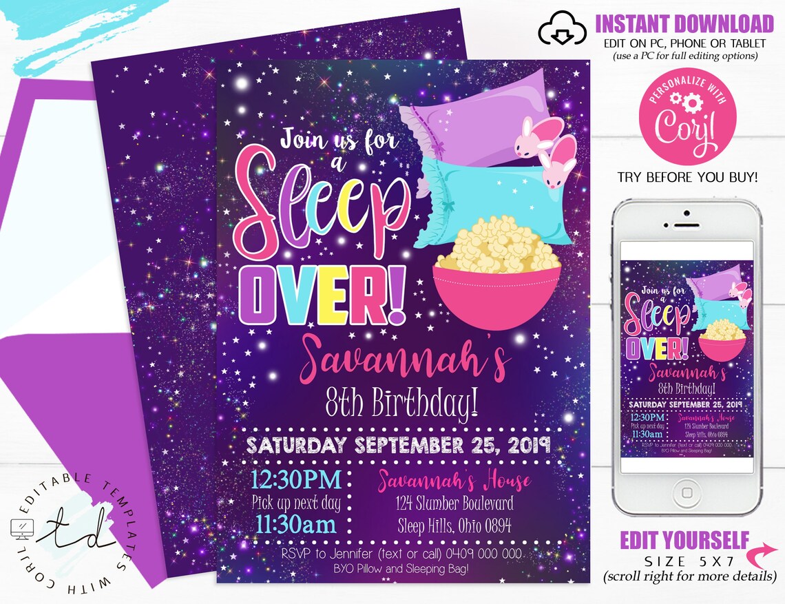 SLEEPOVER PARTY INVITATION Slumber Invitation Sleep Over - Etsy