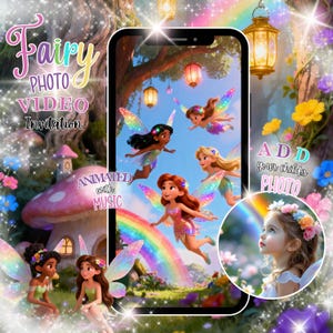 Puede incluir: Una invitación digital con temática de hadas. La imagen presenta hadas, un arcoíris y el texto "Fairy Photo Video Invitation". La invitación está animada con música y te permite agregar la foto de tu hijo.