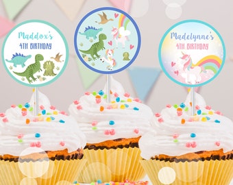 Dinosaur and Unicorn Cupcake Toppers Instant download Dinosaur Unicorn Cupcake Toppers Boy Girl Cupcake Toppers Sibling Party Decor Kids