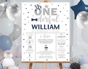 MR ONEDERFUL Birthday Decorations Editable Mr Onederful Milestone Birthday Poster Printable Navy Silver Mr Onederful Chalkboard Milestone