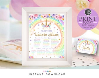 RAINBOW UNICORN GAME Instant Download Unicorn Game Rainbow Unicorn Party Unicorn Name Game Whats your Unicorn Name Game 10x8 Sign 0210