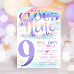 Cloud 9 Birthday Invitation Editable Cloud Nine Birthday Invitation Digital Rainbow Cloud 9 Invitation Watercolor Cloud 9 Party Invitation