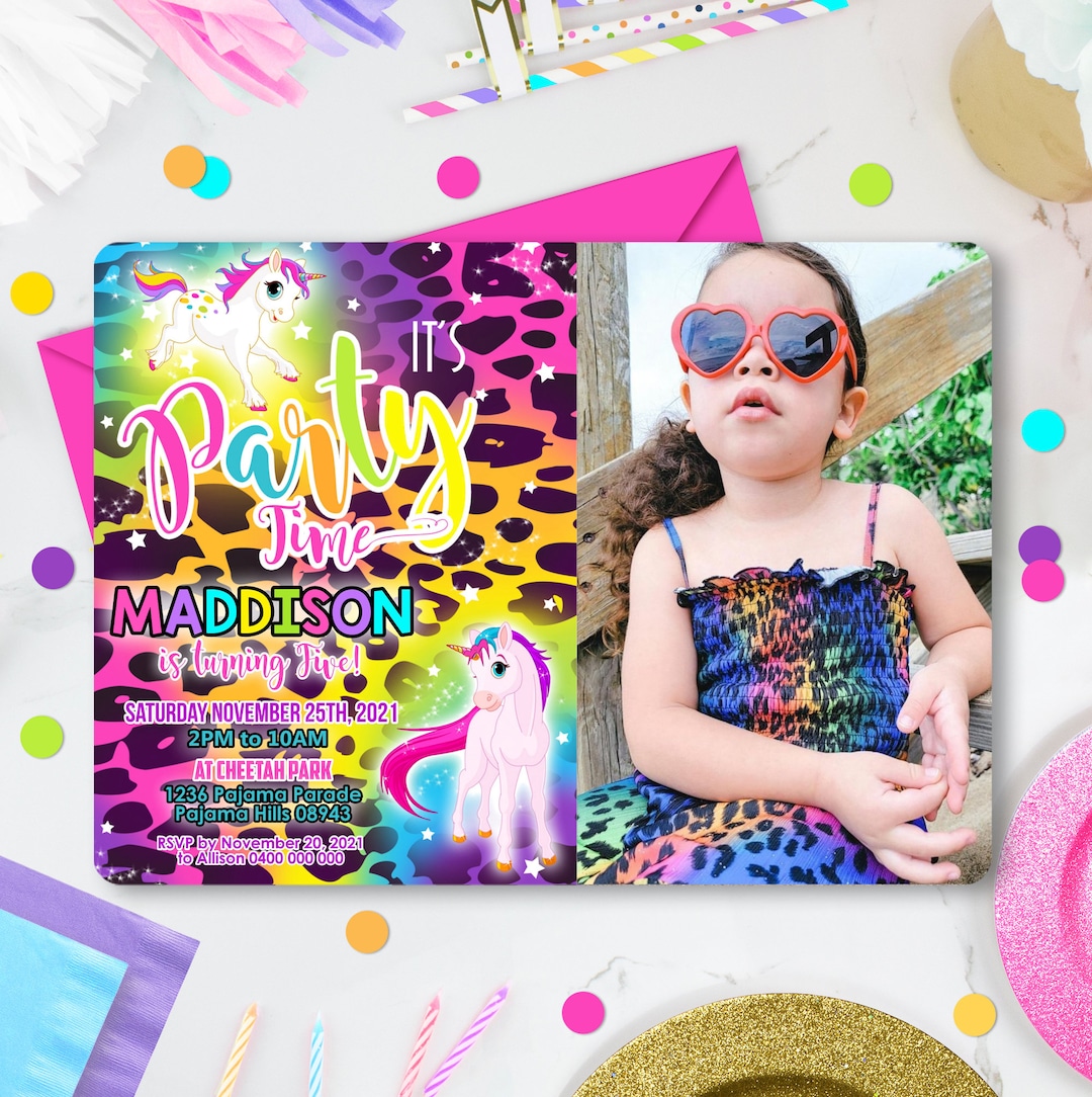 Rainbow unicorn party invitation editable corjl rainbow unicorn cheetah