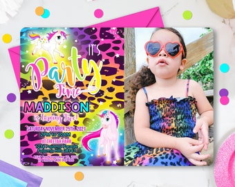 RAINBOW UNICORN Party Invitation Editable Corjl Rainbow Unicorn Cheetah Photo Invitation Instant Download Rainbow Unicorn Cheetah Print