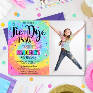 TIE DYE Photo Invitation Editable Tie Dye Party Photo Invitation Digital Download Tie Dye Party invitation Rainbow Tie Dye Photo Invitation