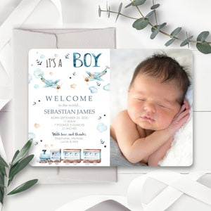 ANNONCES DE NAISSANCE GARÇON Avions et trains Annonce de naissance Train Bébé Carte de remerciement Téléchargement instantané Plane Baby Card Corjl Baby Boy Photo