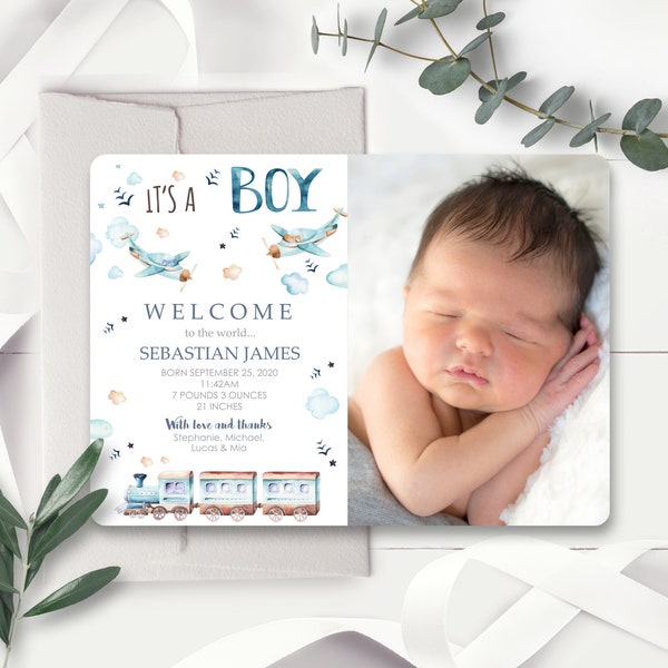 BIRTH ANNOUNCEMENTS BOY Planes and Trains Birth Announcement Train Baby Thank you Card Instant download Plane Baby Card Corjl Baby Boy Photo