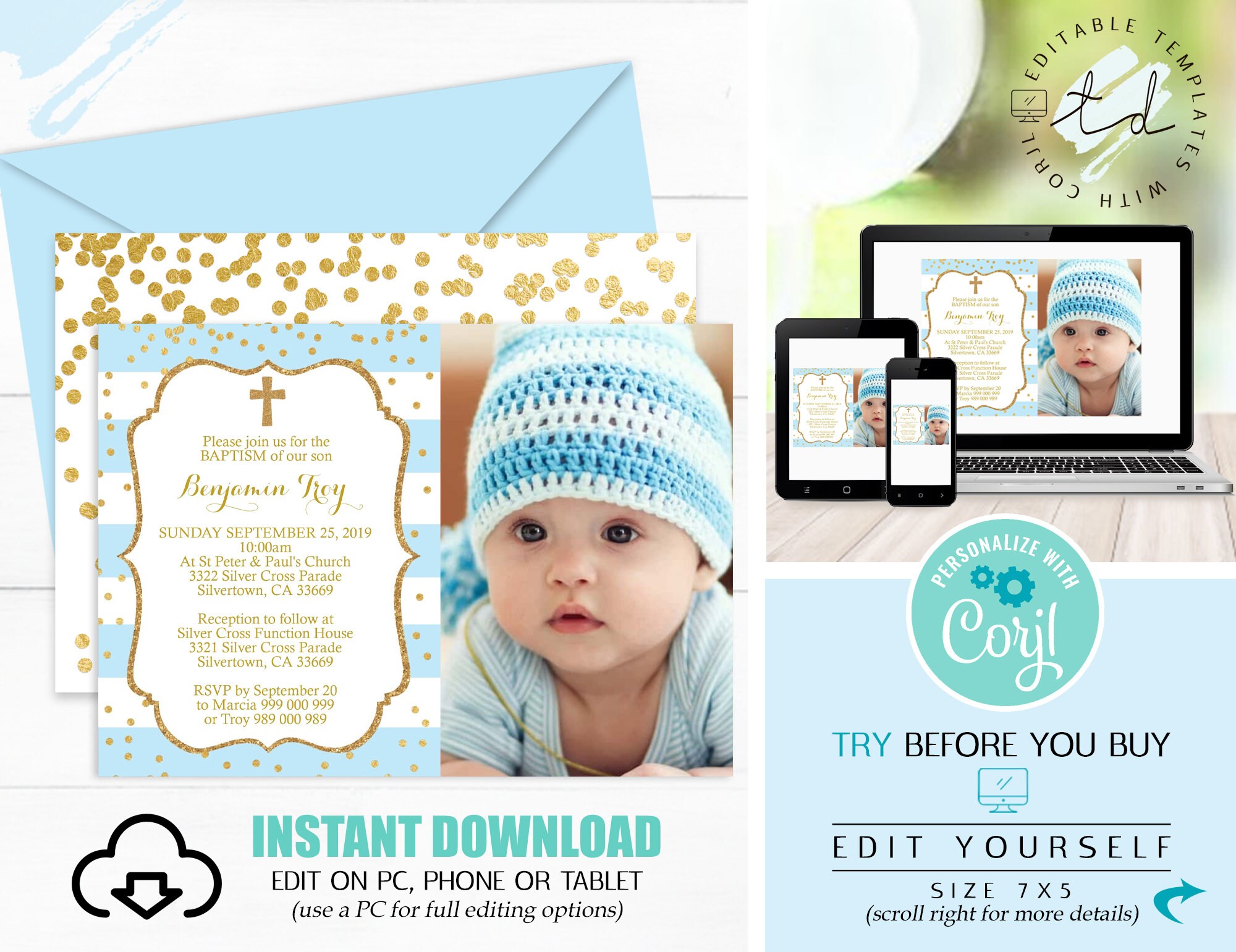 Baby Blue Boy Photo Baptism Invitation Instant Download Etsy Hong Kong