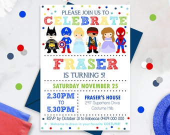 Costume Birthday Invitation Instant Download SUPERHERO PRINCESS and PIRATE Invitation Dress up Party Invitation Boy Costume Invitation Corjl